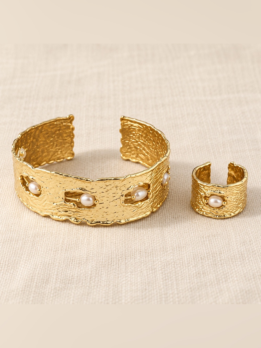 Gold Pearl Accent Cuff Bracelet and Matching Open Ring - Women's Jewelry